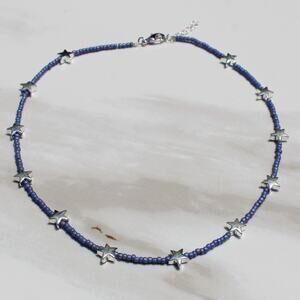 Silver Star and Blue Seed Bead Choker Necklace